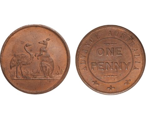 Tokens, Australia, Taylor, W.J., ADVANCE AUSTRALIA, kangaroo and emu, copper penny (G.276; A.571; R.5), choice uncirculated, 