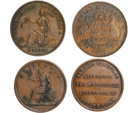 Tokens, Australia, Nicholas, Alfred, Hobart, ‘Britannia’ halfpenny (G.211; A.403; R.398); Warnock Bros., halfpenny, Peace & P
