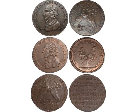 Tokens, British, Warwickshire, Stratford upon Avon, mule halfpennies (3): bust of Shakespeare (2), revs. breeches burning etc