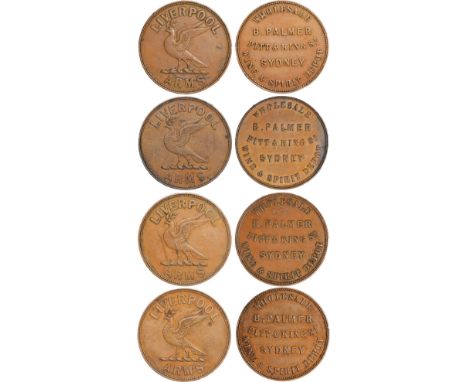 Tokens, Australia, Palmer, B., Sydney, Wine and Spirit Depot, copper pennies (4), undated, name, etc., rev. liver bird, Liver