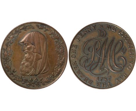 Tokens, Wales, Anglesey, Parys Mines Co., penny, 1787, bust of Druid, rev. cipher PMCo, figure 1 within D above (DH.5), good 