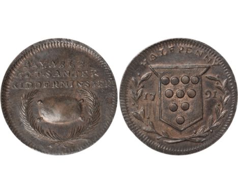 Tokens, British, Worcestershire, Kidderminster, ‘T. Santer’, halfpenny, 1791, woolpack between palm branches, rev. See of Wor