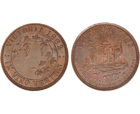 Tokens, Australia, Stokes, Thomas, Melbourne [die sinker and engraver], copper penny, 1862, Australian Arms with kangaroo and