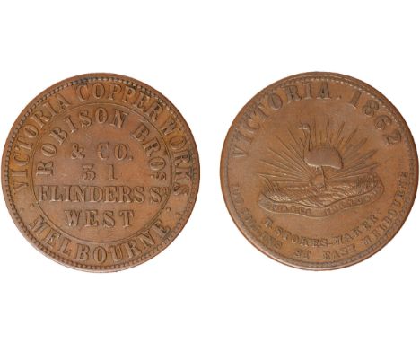 Tokens, Australia, Miller Brothers, Melbourne, Coach Builders, copper penny, rev. emu (G.191, [R5-6]; A.374; R.366); Robison 