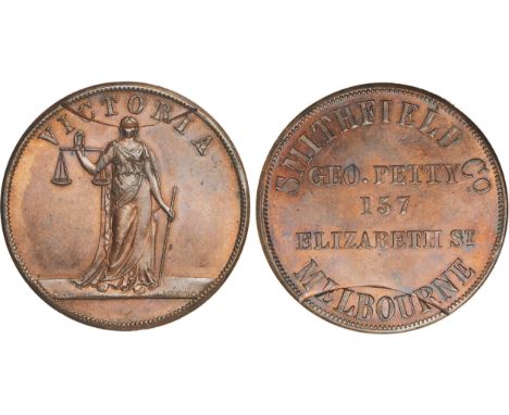 Tokens, Australia, Petty, Geo., Smithfield Co., Melbourne, copper penny, c. 1860, by W. J.Taylor, name, etc., rev.  Justice s