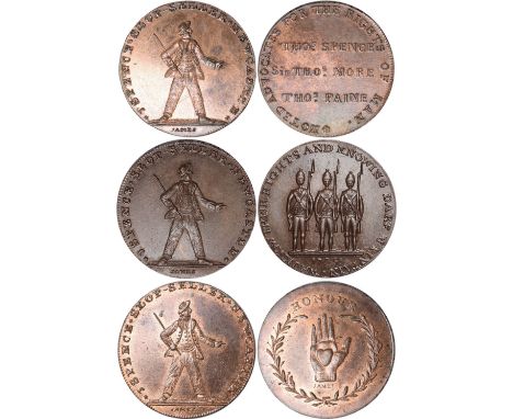 Tokens, British, Northumberland, Newcastle, [Spence], halfpennies (3), sailor holding stick, revs. NOTED ADVOCATES FOR THE RI