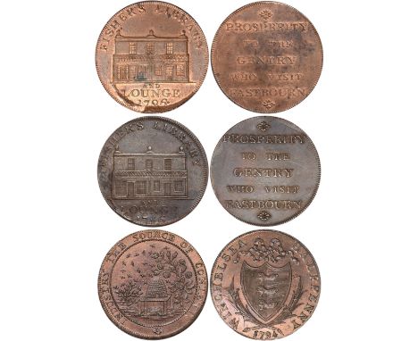 Tokens, British, Sussex (3), Eastbourne, Fisher's Library, halfpennies, 1796 (2), building, edges CELEBRATED FOR PURE AIR & S