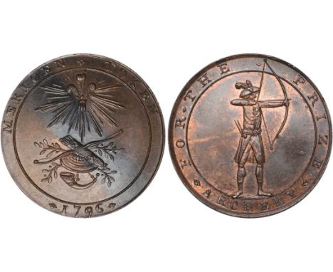 Tokens, British, Warwickshire, Meriden, halfpenny, 1796, archer drawing bow, FOR THE PRIZE, rev. Prince of Wales's crest abov