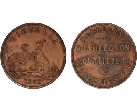 Tokens, Australia, Hodgson, A. G., Melbourne, Outfitter &c, copper penny, 1862, by Coaed, London, rev.  kangaroo and emu (G.1