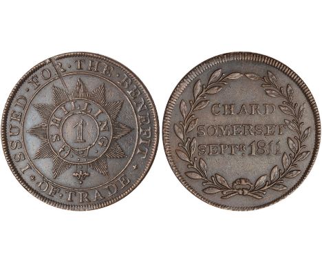 Tokens, British, Somerset, Chard, anonymous shilling in copper, Sepr. 1811, value on radiated garter (DH.69), scratch marks f
