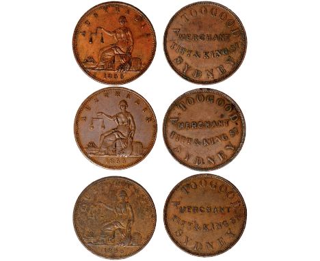 Tokens, Australia, Toogood, A., Sydney, Merchant, copper pennies (3), 1855, AUSTRALIA, Justice seated (G.287a; A.587; R.558),