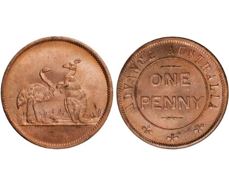 Tokens, Australia, Taylor, W.J., ADVANCE AUSTRALIA, kangaroo and emu, copper penny (G.276; A.571; R.5), choice uncirculated, 