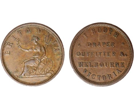 Tokens, Australia, Booth, I, Melbourne, Draper, Outfitter &c, copper penny, Britannia seated, BRITANNIA (G.28; A.44; R.55), g