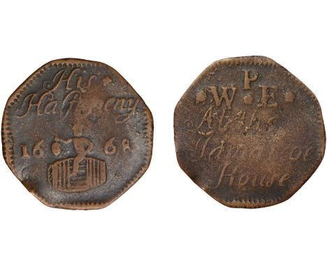 Tokens, British, Southwark, Jamaica House, W. P., octagonal halfpenny, 1668, At the Jamaicoe House, man on barrel holding bun