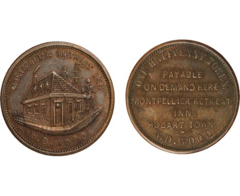 Tokens, Australia, Wood, W. D., Montpelier Retreat Inn, Hobart, ‘proof’ halfpenny, façade of the inn (G.316; A.641; R.601), s