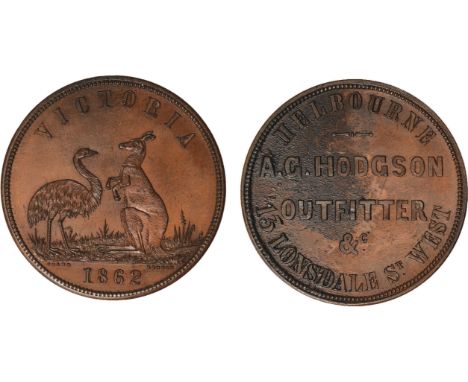 Tokens, Australia, Hodgson, A. G., Melbourne, Outfitter &c, copper penny, 1862, by Coaed, London, rev.  kangaroo and emu (G.1