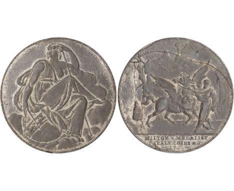 Tokens, British, Middlesex, Milton, penny in white metal, 1800, Time leading Pegasus in front of rock, rev. female on globe b