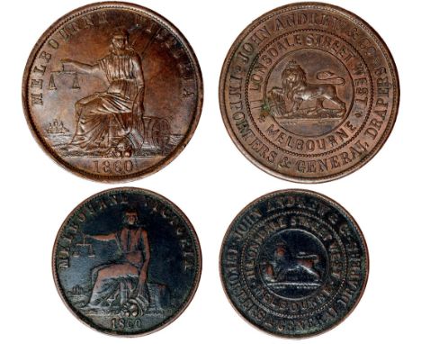 Tokens, Australia, Andrew, John & Co., Melbourne, Importers & General Drapers, copper penny, 1860, Justice seated; and halfpe