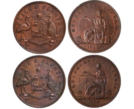 Tokens, Australia, ‘Peace & Plenty’, Melbourne pennies (2), 1858 (G.218b; A.652; R.415), one with some original lustre, the o
