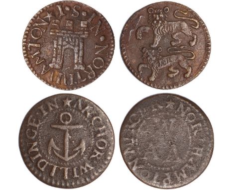 Tokens, British, Northamptonshire, Bulwick, William Watts, halfpenny, 1669, swan (W.15); Higham Ferrers, Twyford Worthington,