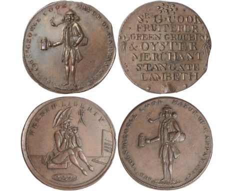 Tokens, British, Surrey, Lambeth (2): halfpenny, 1796, figure of Sir George Cook, MAYOR OF GARRAT, rev. FRUITERER GREEN GROCE