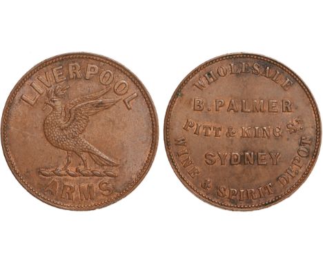 Tokens, Australia, Palmer, B., Sydney, Wine and Spirit Depot, copper penny, undated, name, etc., rev. liver bird, Liverpool A