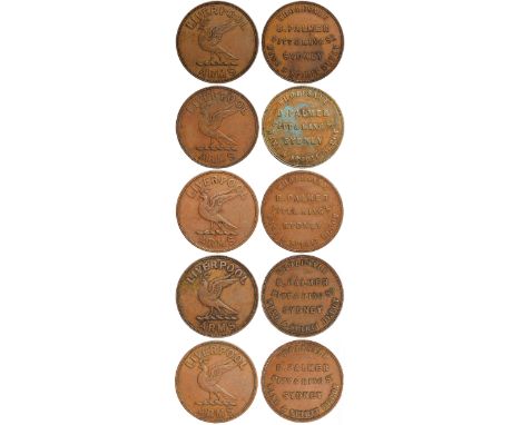 Tokens, Australia, Palmer, B., Sydney, Wine and Spirit Depot, copper pennies (4), undated, name, etc., rev. liver bird, Liver