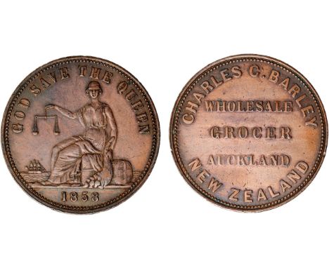 Tokens, New Zealand, Barley, Charles, C., Auckland, Grocer, copper penny, 1858, GOD SAVE THE QUEEN (G.21; A.27; R.42), good v