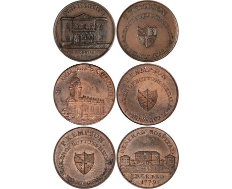 Tokens, British, Warwickshire, Birmingham, Kempson's buildings series, halfpennies (8), rev. Town arms, undated (7), obvs. th