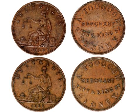Tokens, Australia, Toogood, A., Sydney, Merchant, copper pennies (2), 1855, AUSTRALIA, Justice seated (G.287a; A.587; R.558),