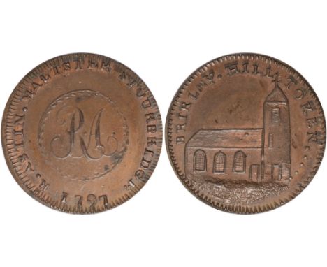 Tokens, British, Worcestershire, Stourbridge, ‘R. Astin’, halfpenny, 1797, Brierley Hill Chapel, rev. cipher RA (DH.32), a fe