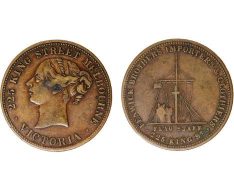 Tokens, Australia, Fenwick Bros., Melbourne, Importers and Clothiers, copper penny, flagstaff, no inner circle on reverse (G.