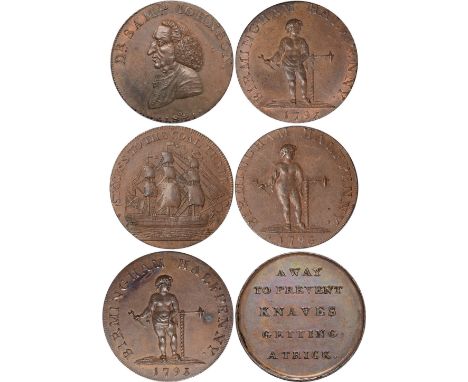 Tokens, British, Warwickshire, Birmingham, mule halfpennies (8), boy with spanner, 1793 (4), revs. bust of Dr. Johnson (DH.51