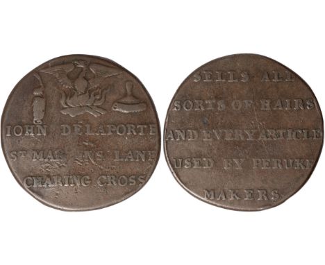 Tokens, British, Middlesex, John Delaporte, penny-sized ticket, undated, phoenix dividing curl of hair and wig, S MARTINS LAN