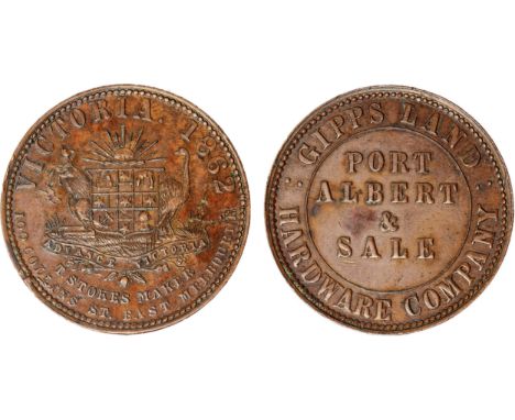 Tokens, Australia, Gipps Land Hardware Company, Port Albert & Sale, copper penny, 1862, legend, rev. Stokes’s Australian Arms