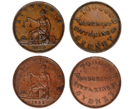 Tokens, Australia, Toogood, A., Sydney, Merchant, copper pennies (2), 1855, AUSTRALIA, Justice seated (G.287a; A.587; R.558),