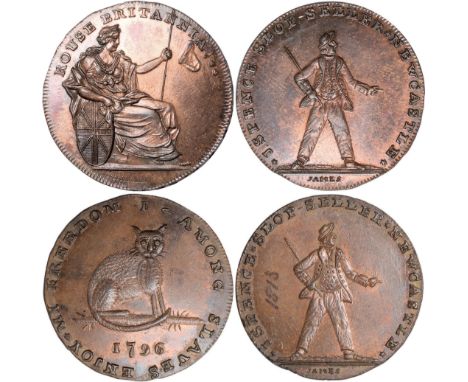 Tokens, British, Northumberland, Newcastle, [Spence], halfpennies (2), sailor holding stick, revs. Britannia (DH.6), cat, 179