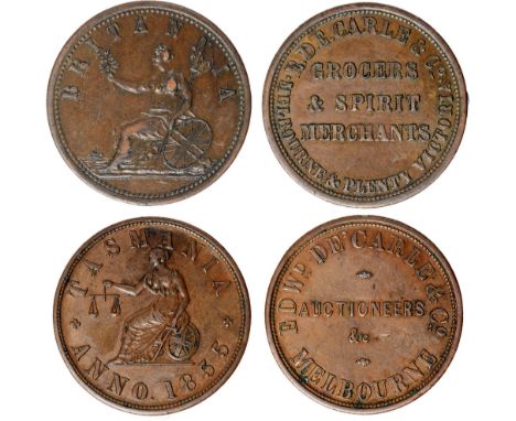 Tokens, Australia, De Carle, E. & Co., Melbourne, copper pennies (2): Auctioneers, rev. TASMANIA, Justice seated; Grocers & S