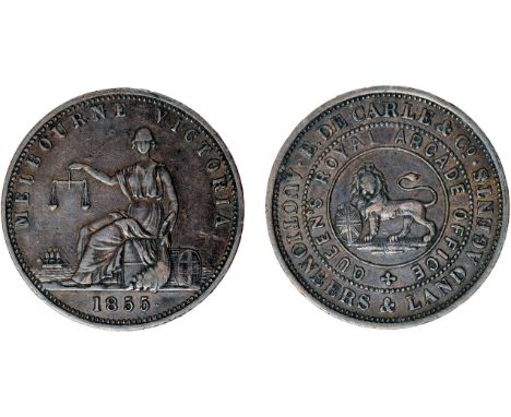 Tokens, Australia, De Carle, E. & Co., Melbourne, Auctioneers and Land Agents, copper penny, Justice seated, 1855 (G.63; A.10