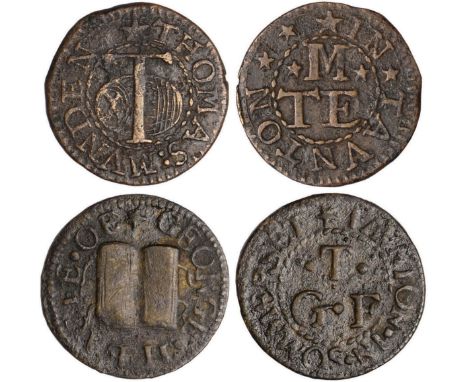 Tokens, British, Somerset, Taunton (12): Martin Hossham, farthing, 1655, Catherine wheel (W.258); Iohn Meredith, farthing, 16