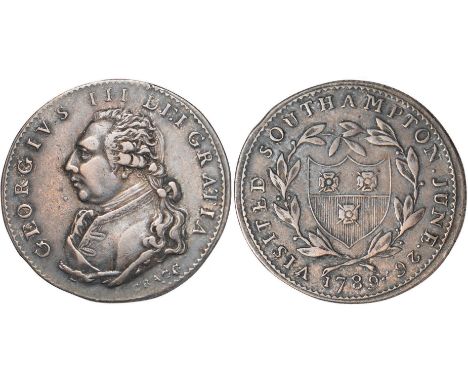 Tokens, British, Hampshire, Southampton, farthing-sized medalet in silver, 1789, bust of George III l., rev. town arms within