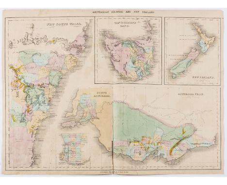 Australia.- Gold mining.- Gall &amp; Inglis (Edinburgh publishers) Australian Colonies and New Zealand, 5 maps on one sheet a
