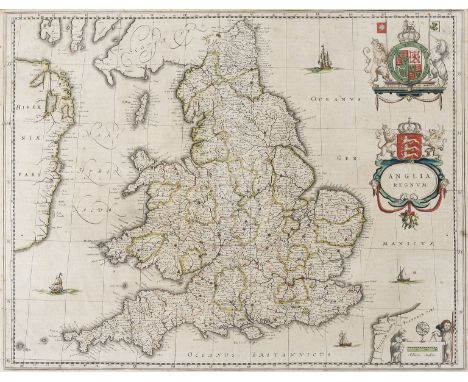 England &amp; Wales.- Blaeu (Willem Jansz.) Anglia Regnum, decorated with four ships, a scale of miles flanked by sheep and a