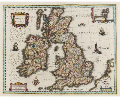 British Isles.- Blaeu (Willem Jansz.) Magnae Britanniae et Hiberniae Tabula, inset with a map of the Orkney Islands in the up
