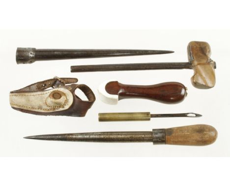 Sailmaker's tools comprising rosewood handled seam rubber with bone sole and 5 associated tools G 