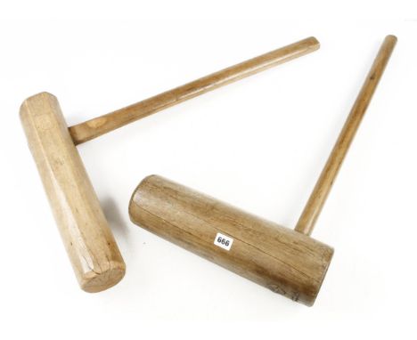 A pair of 19c Japanese heavy and light framing mallets with 18" and 15" heads G+ 
