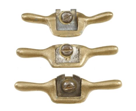 A set of three miniature brass spokeshaves with flat, compass and round soles 3 1/2" o/a G++ 