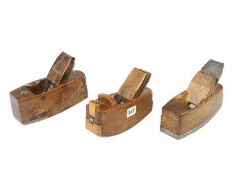 A beech compass plane with boxwood nose and mouth adjuster and two steel soled smoothers G+ 