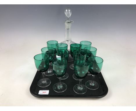 A suite of twelve Victorian Bristol green-bowled glasses together with a Victorian soda glass decanter