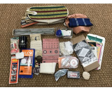 A quantity of vintage knitting needles, sewing tools and pattern books etc